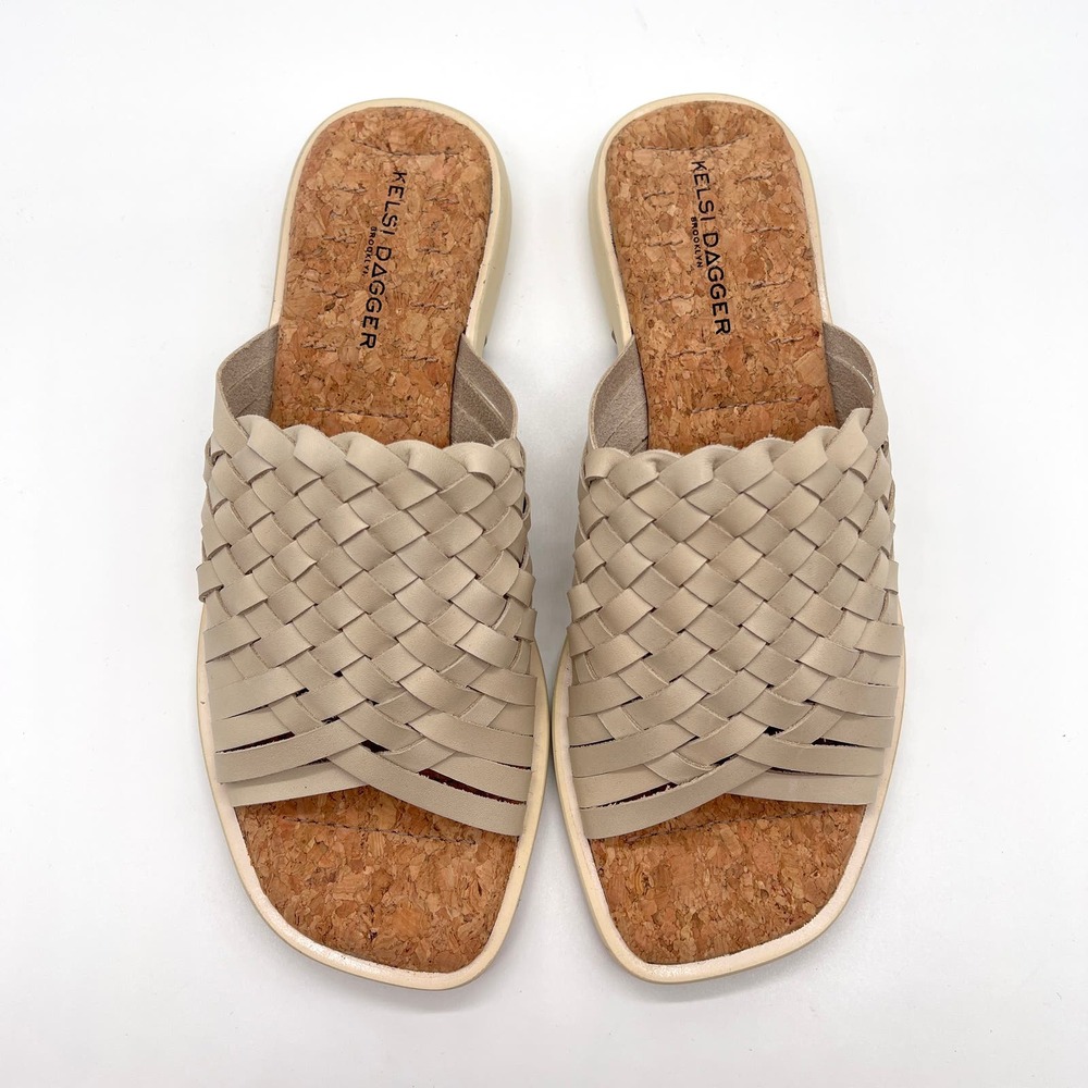KELSI DAGGER Tide Woven Flat Slide Sandal Womens 7.5 Cream Comfort Cork Footbed - Picture 4 of 10